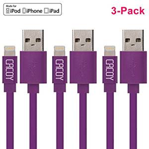 [3xPACK]Apple MFi Certified Lightning to USB Flat Cable for iPhone iPad iPod - 3 Feet (1 Meters) - Purple